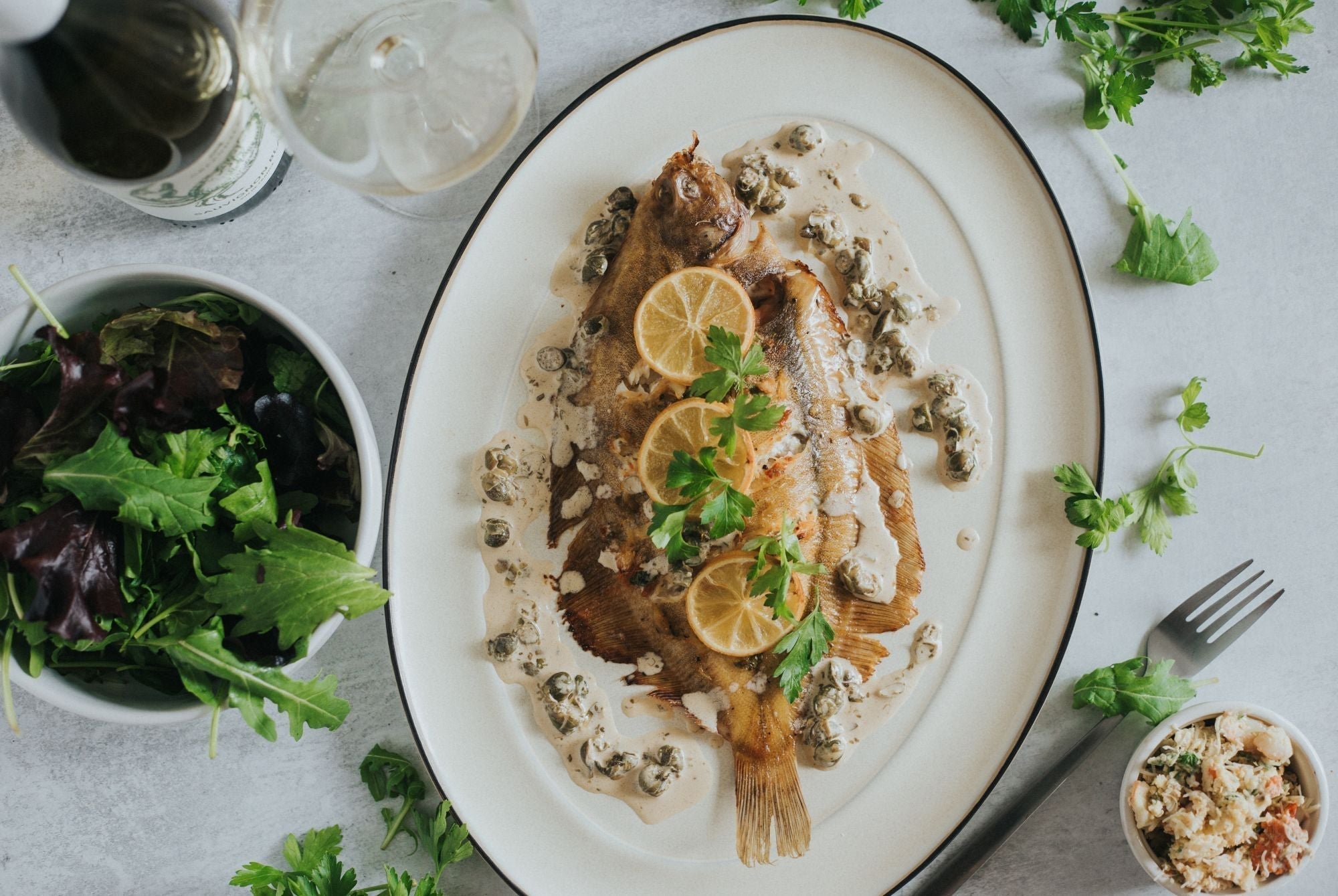 Lemon Sole With Crab Butter & Caper Sauce from Greendale