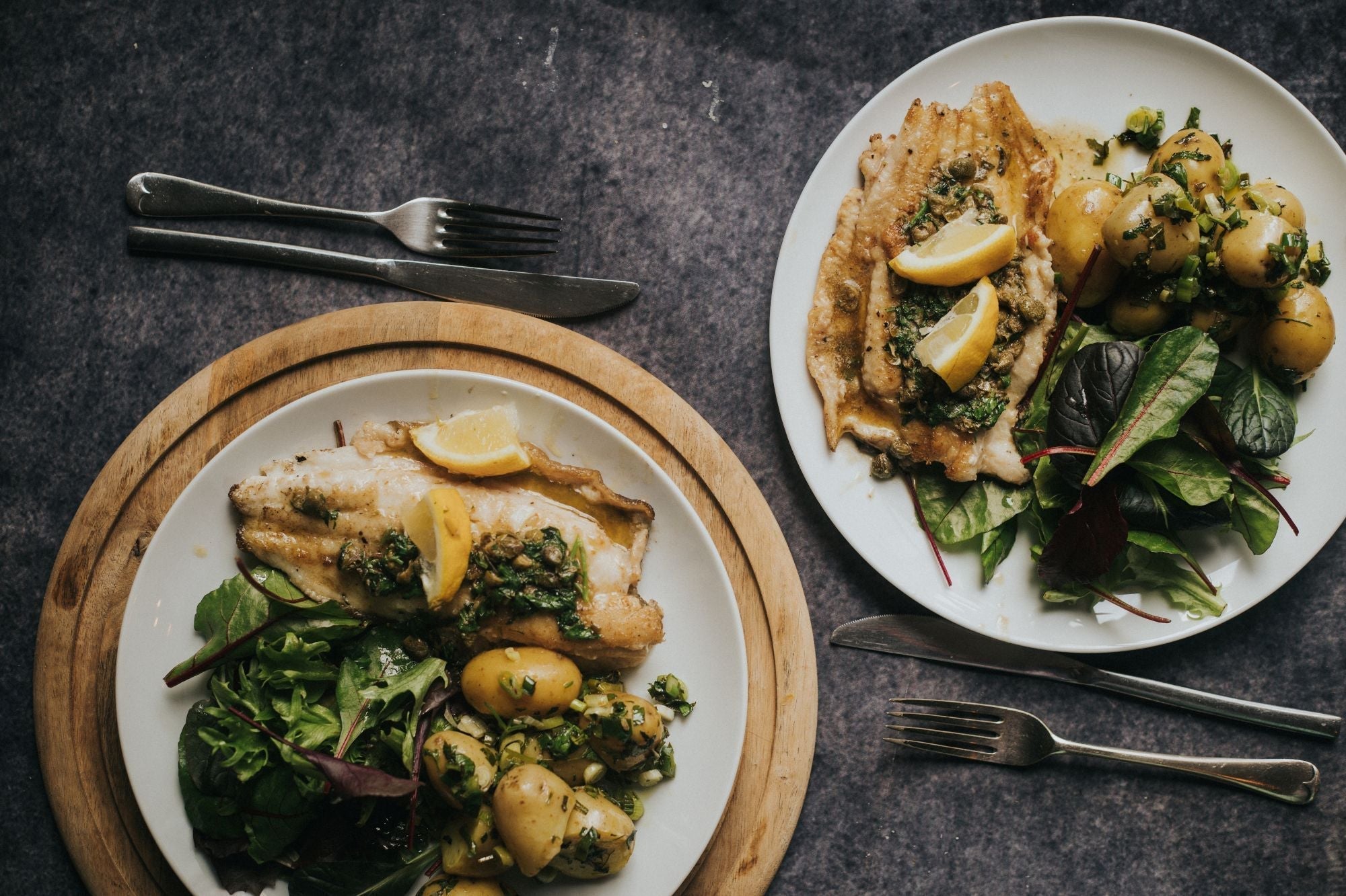 Caper-Dressed Sole with Potato Salad