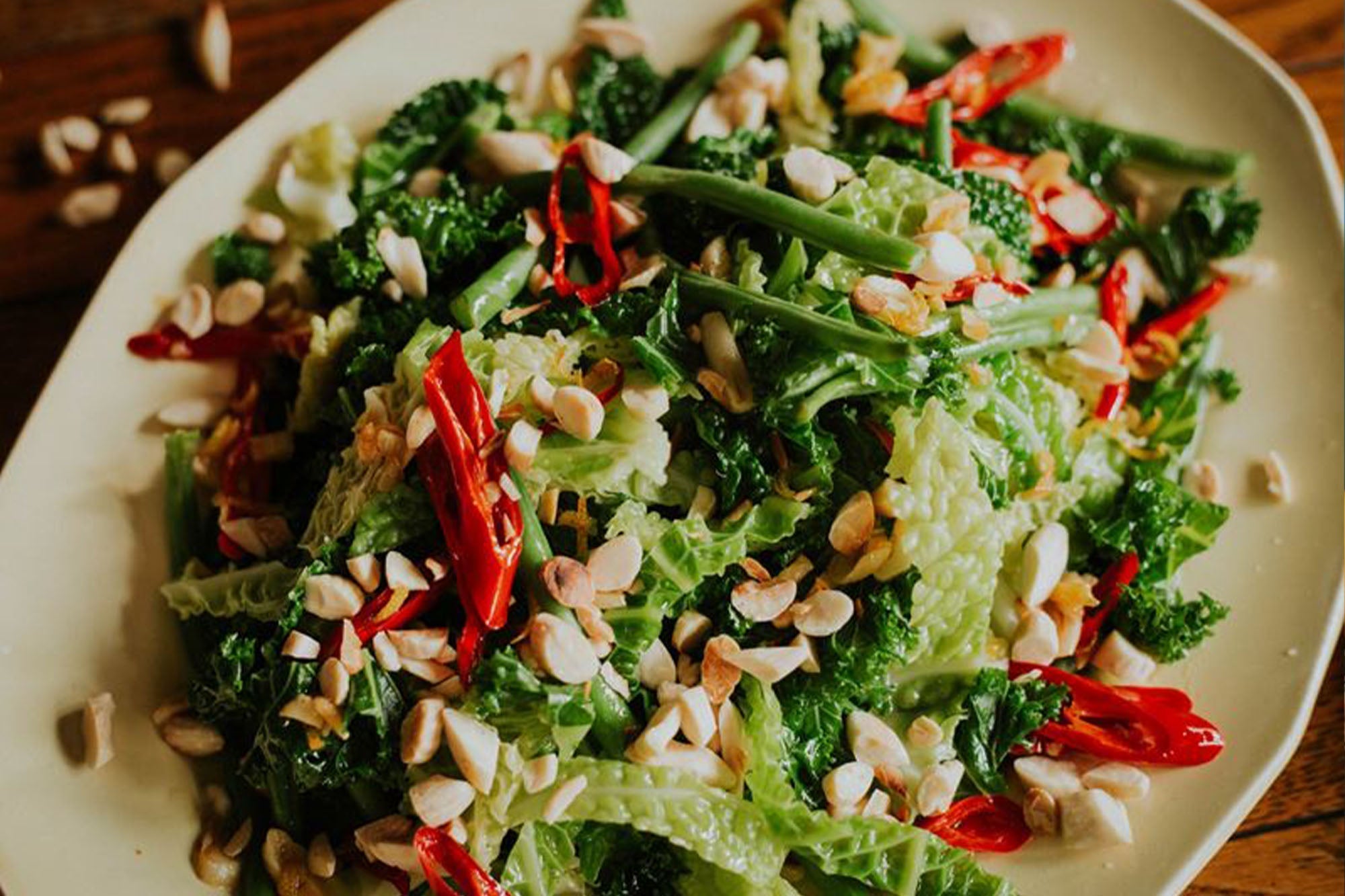 Greendale greens with chilli and toasted almonds