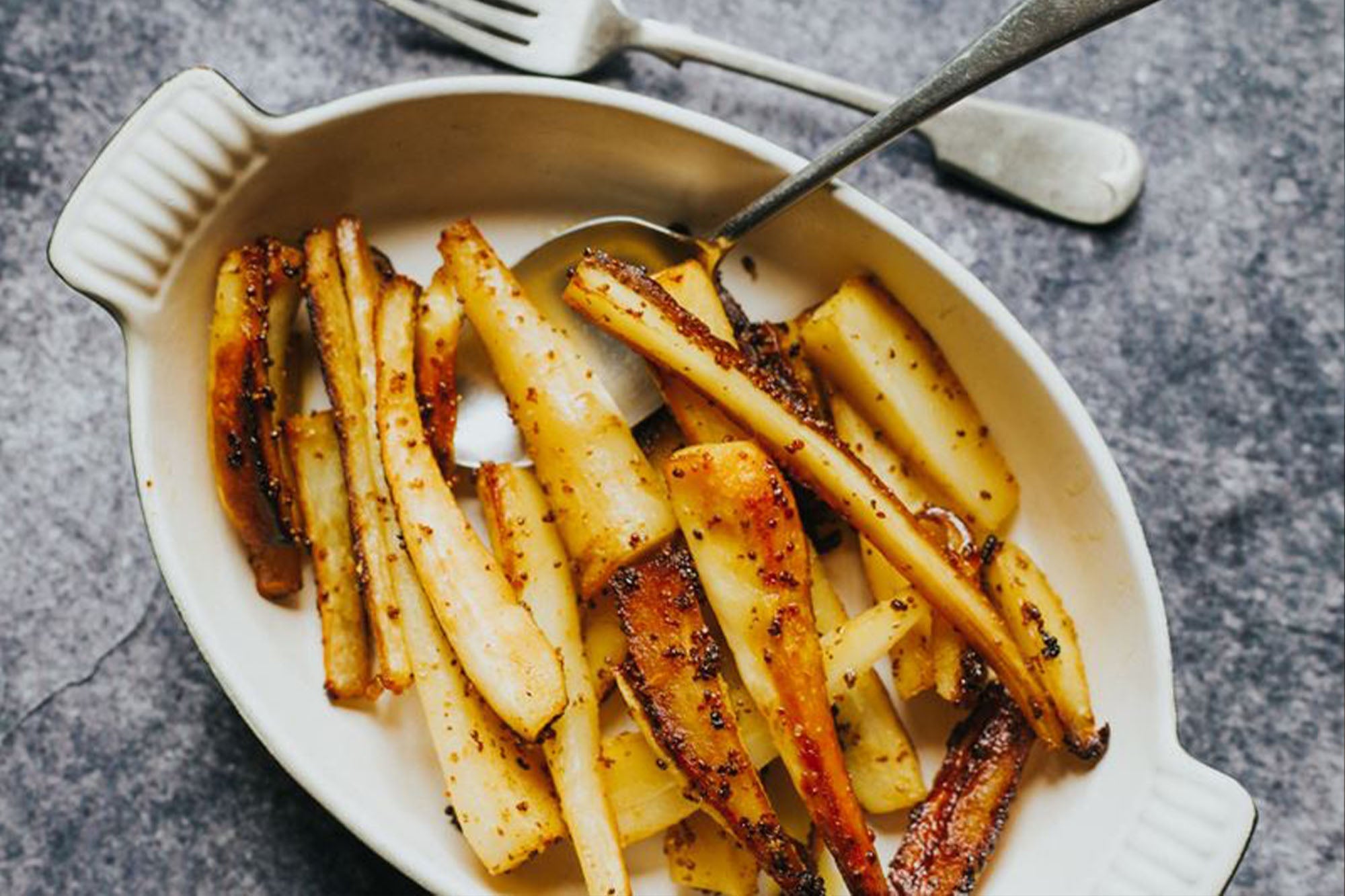 Maple Syrup and Mustard Roast Parsnips