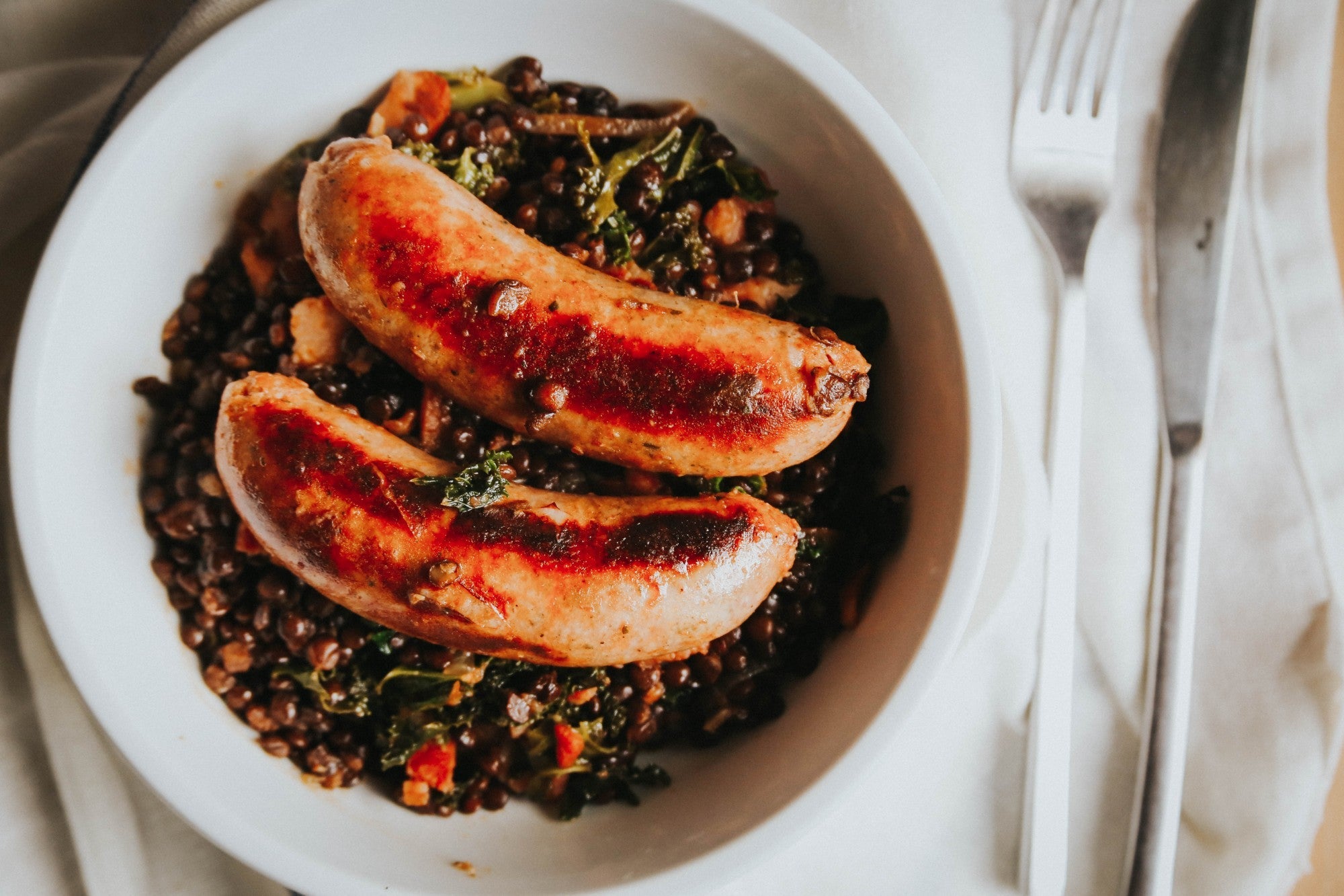 Puy Lentils with Sausages & Streaky Bacon