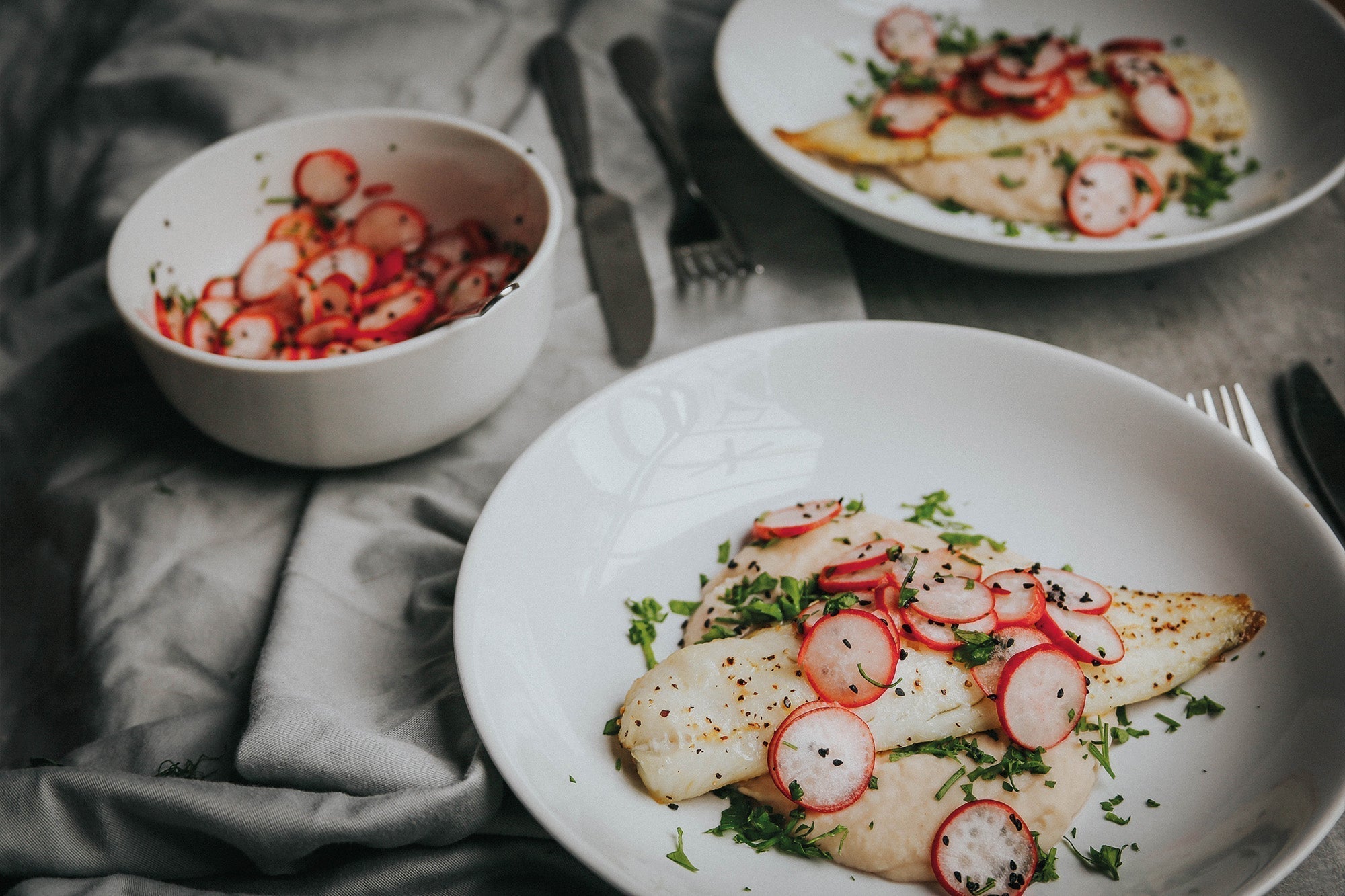 White Fish with Canellini Puree & Pickled Radishes