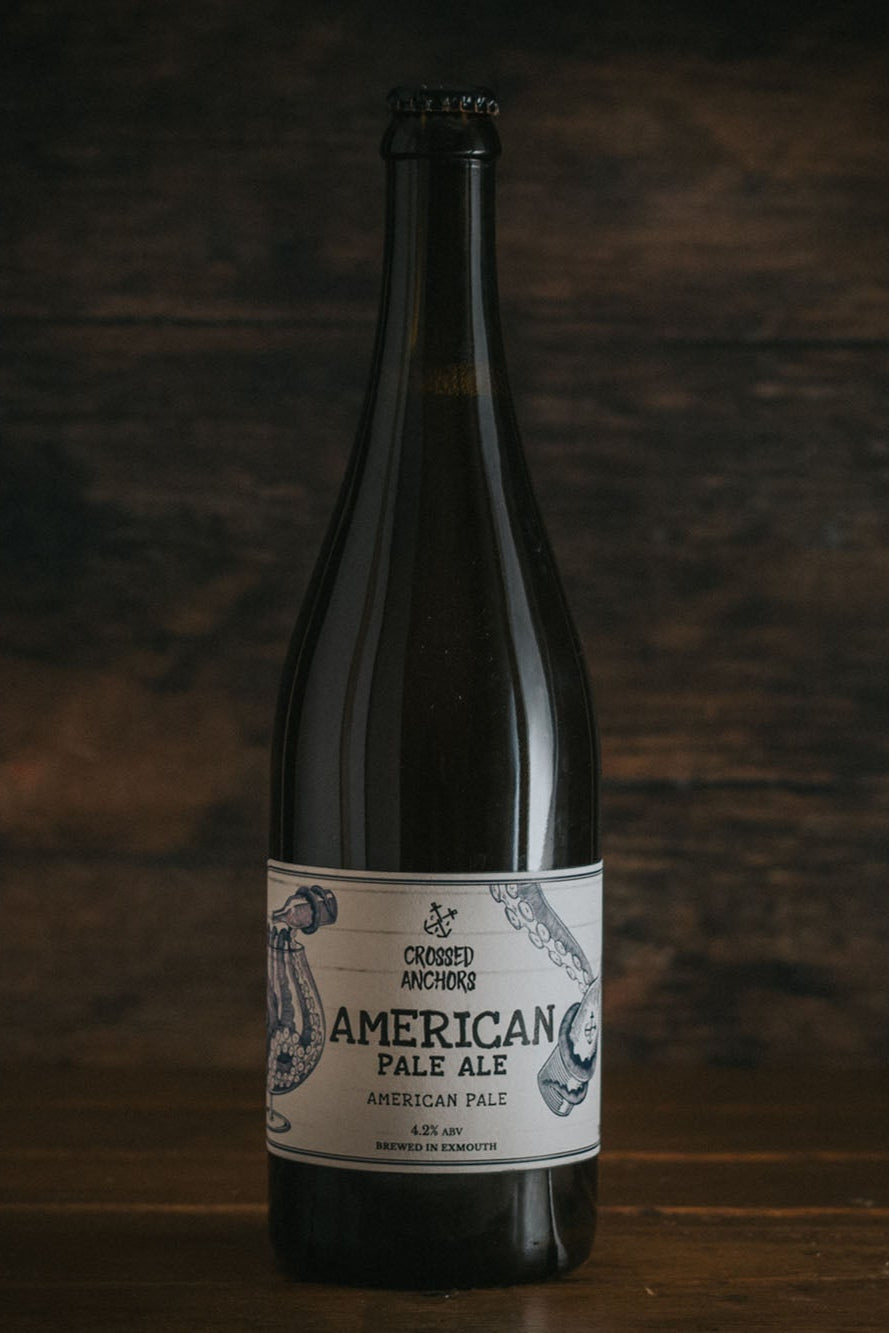 A bottle of Crossed Anchors American Pale Ale.