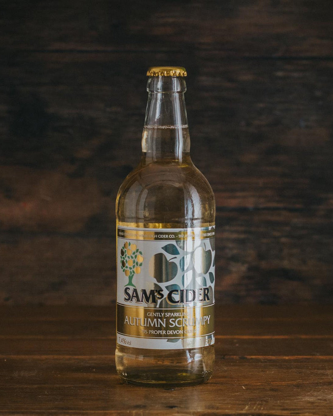 A 500ml bottle of Sam's Autumn Scrumpy Cider.