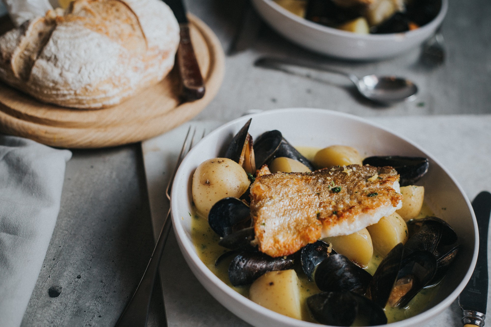 Pan-Fried White Fish with Mussels, Cider, Potatoes