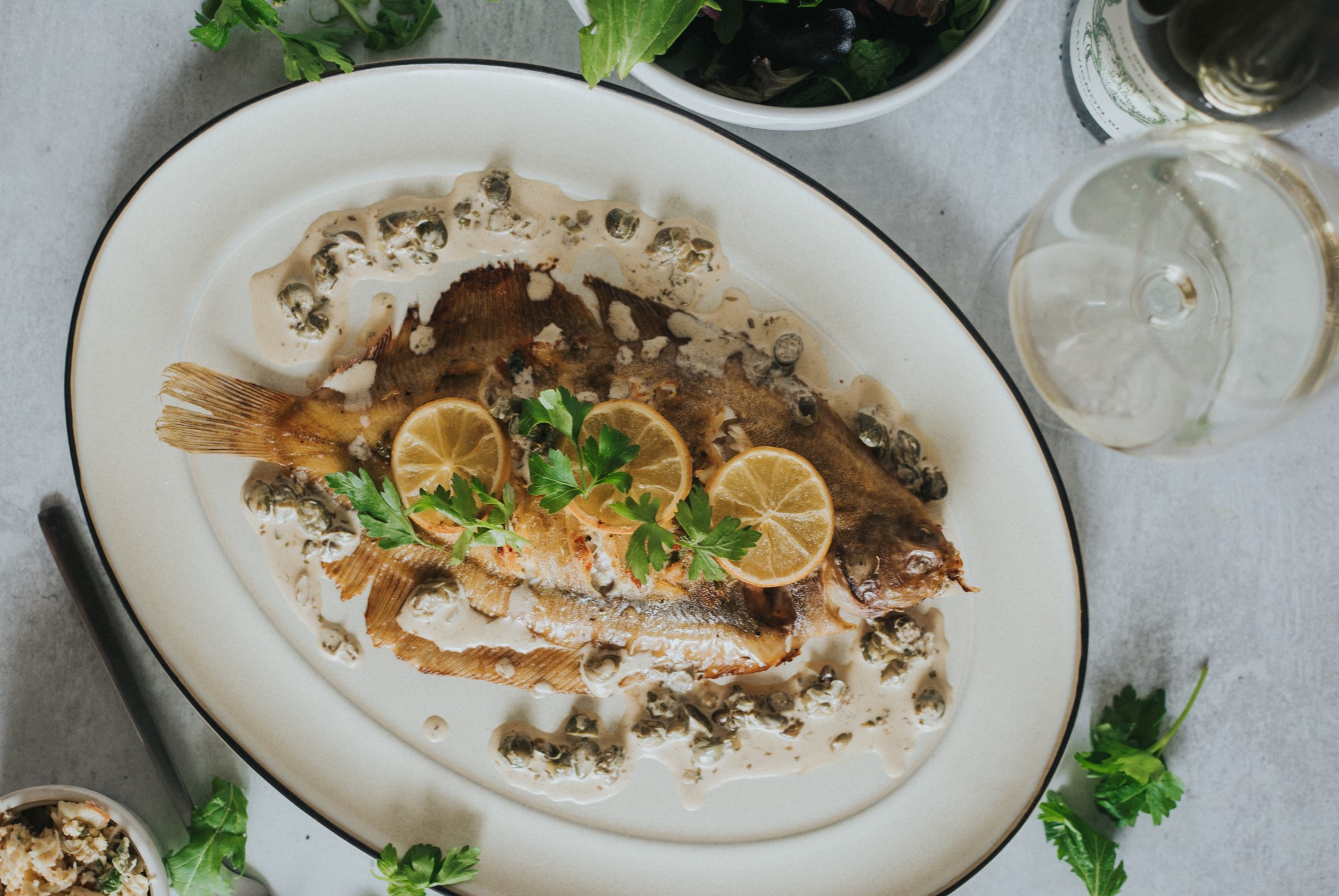 Lemon Sole With Crab Butter & Caper Sauce
