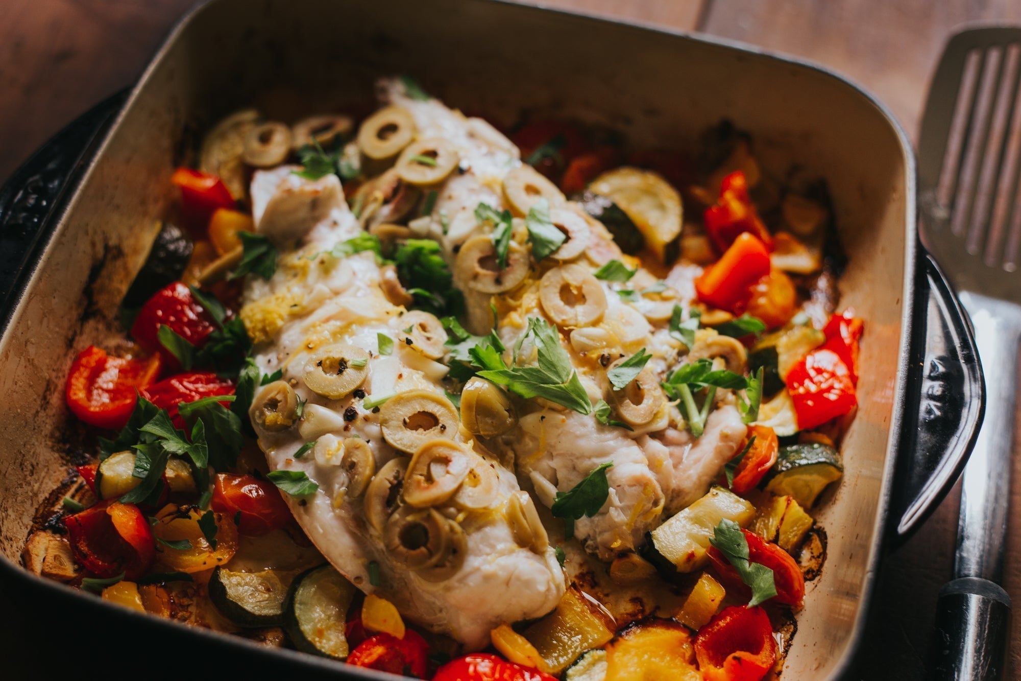 Baked Red Mullet with oven-roast vegetables