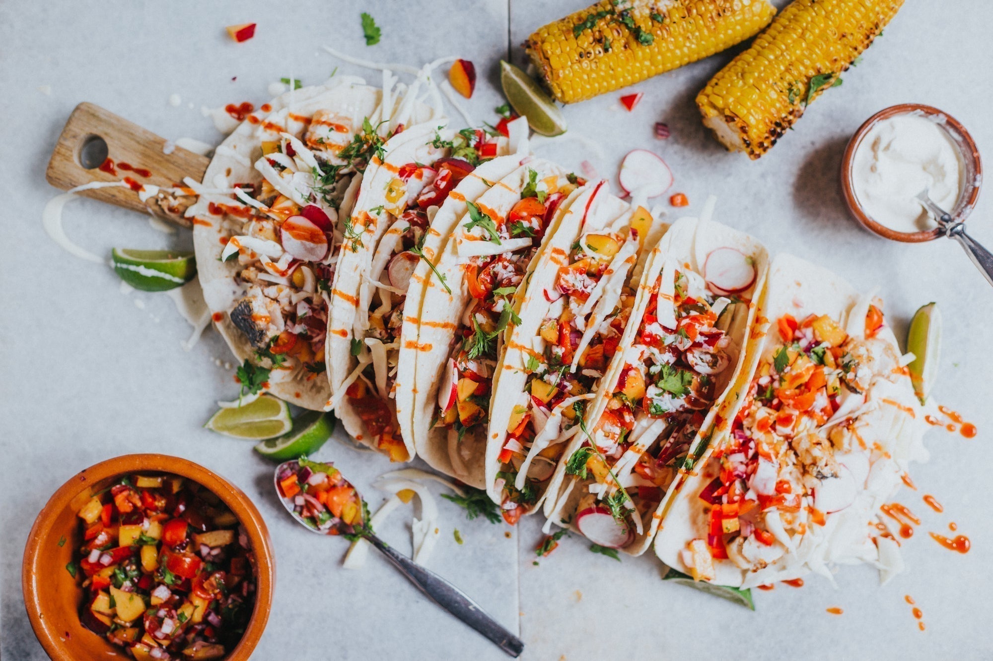 BBQ Hake Tacos with Fresh Peach Salsa