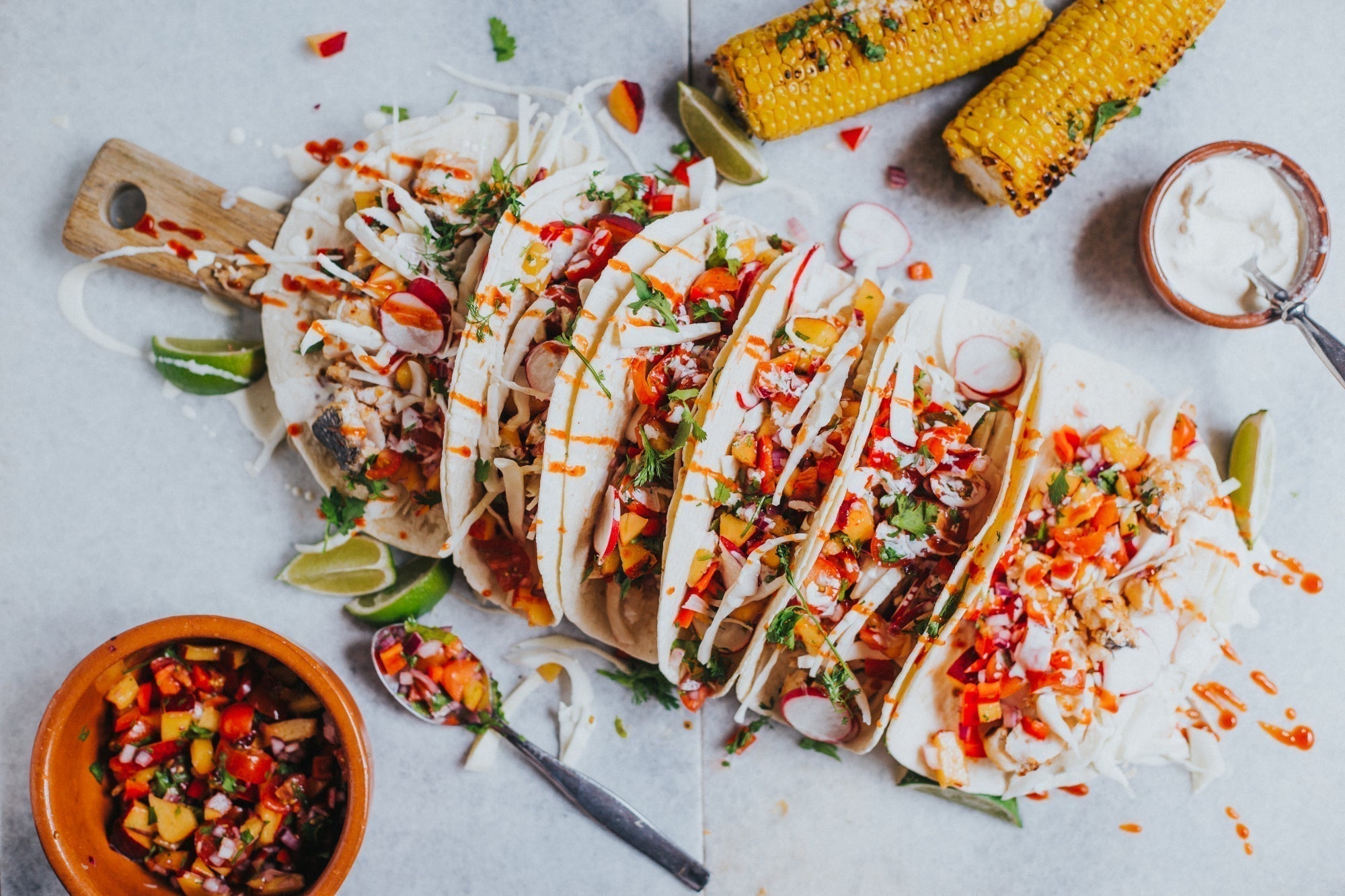 BBQ Hake Tacos with Fresh Peach Salsa