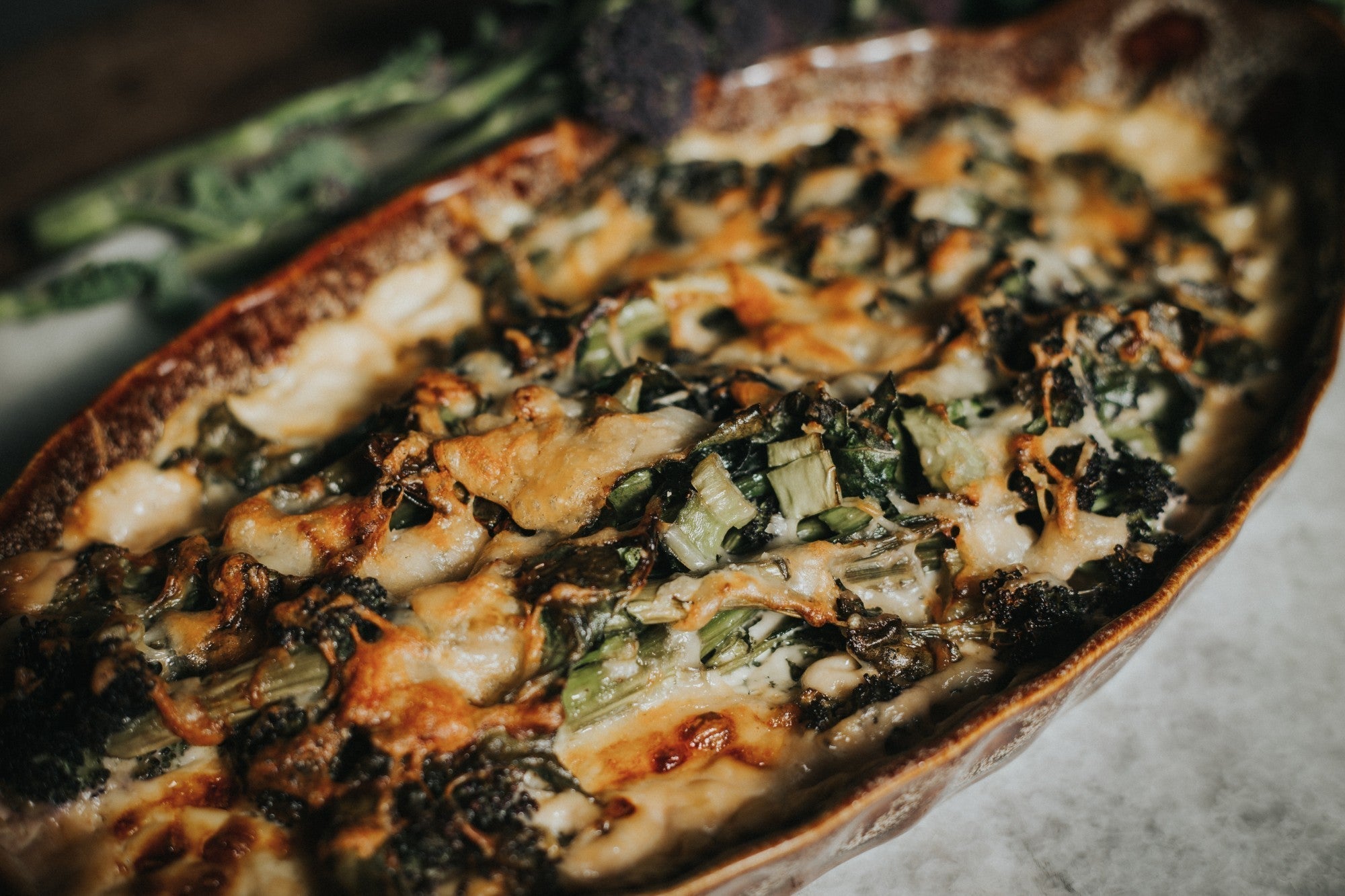 Purple Sprouting Broccoli & Spring Greens Gratin