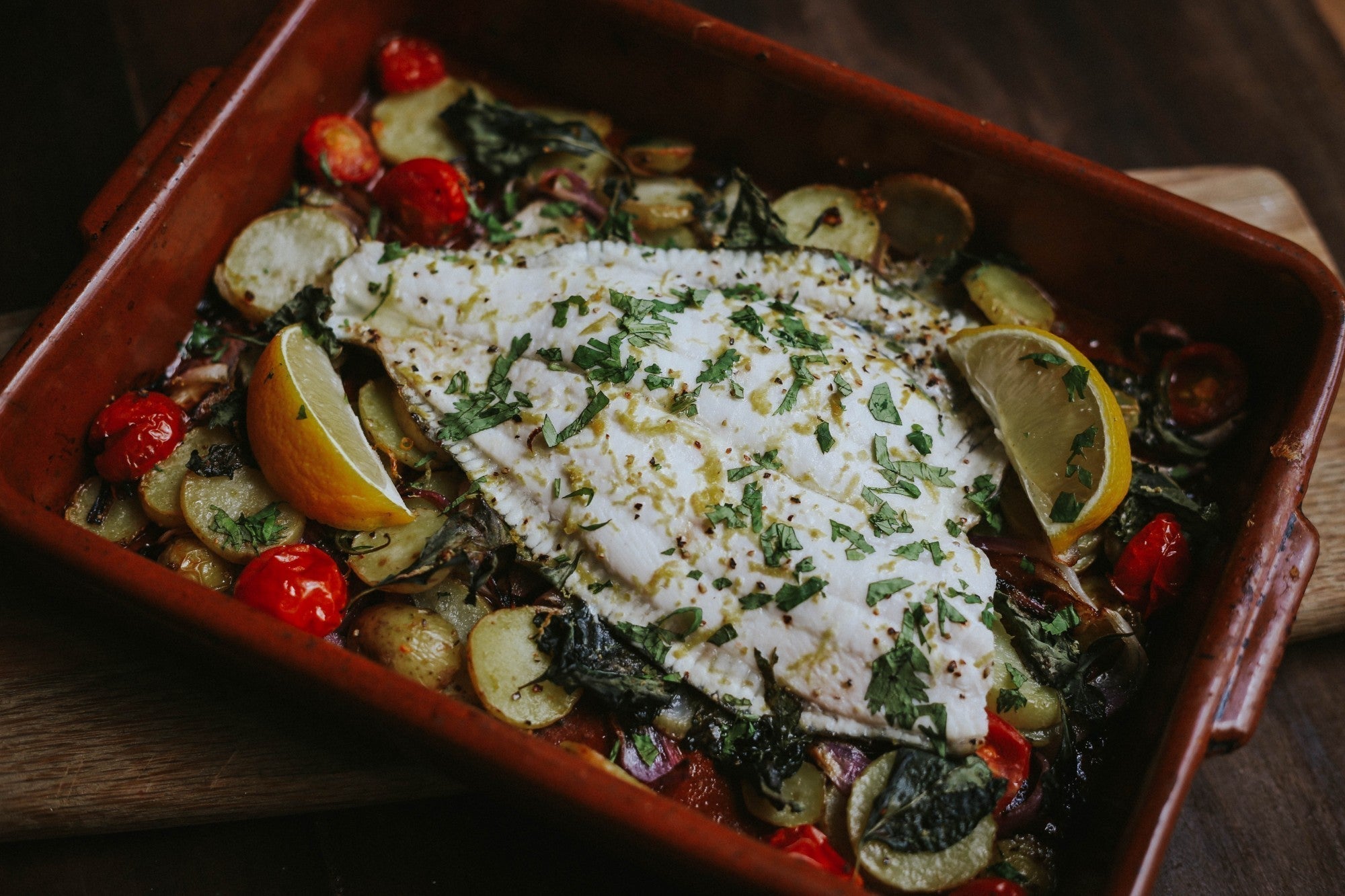 Roast Plaice Fillets with Lemony Veg Recipe
