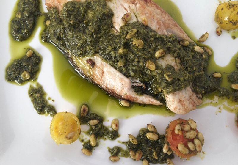 Sea Bass with Pesto Dressing
