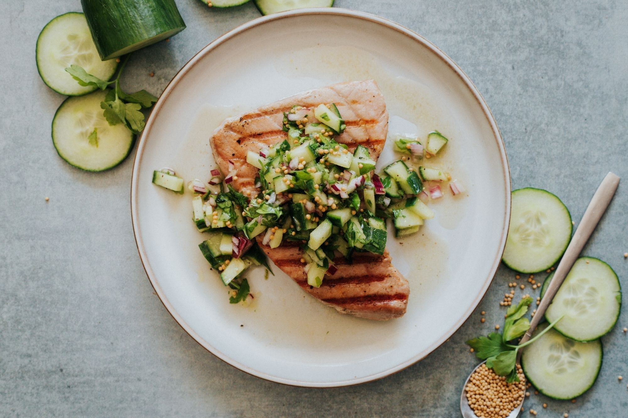 Tuna Steaks with Crunchy Cucumber Relish