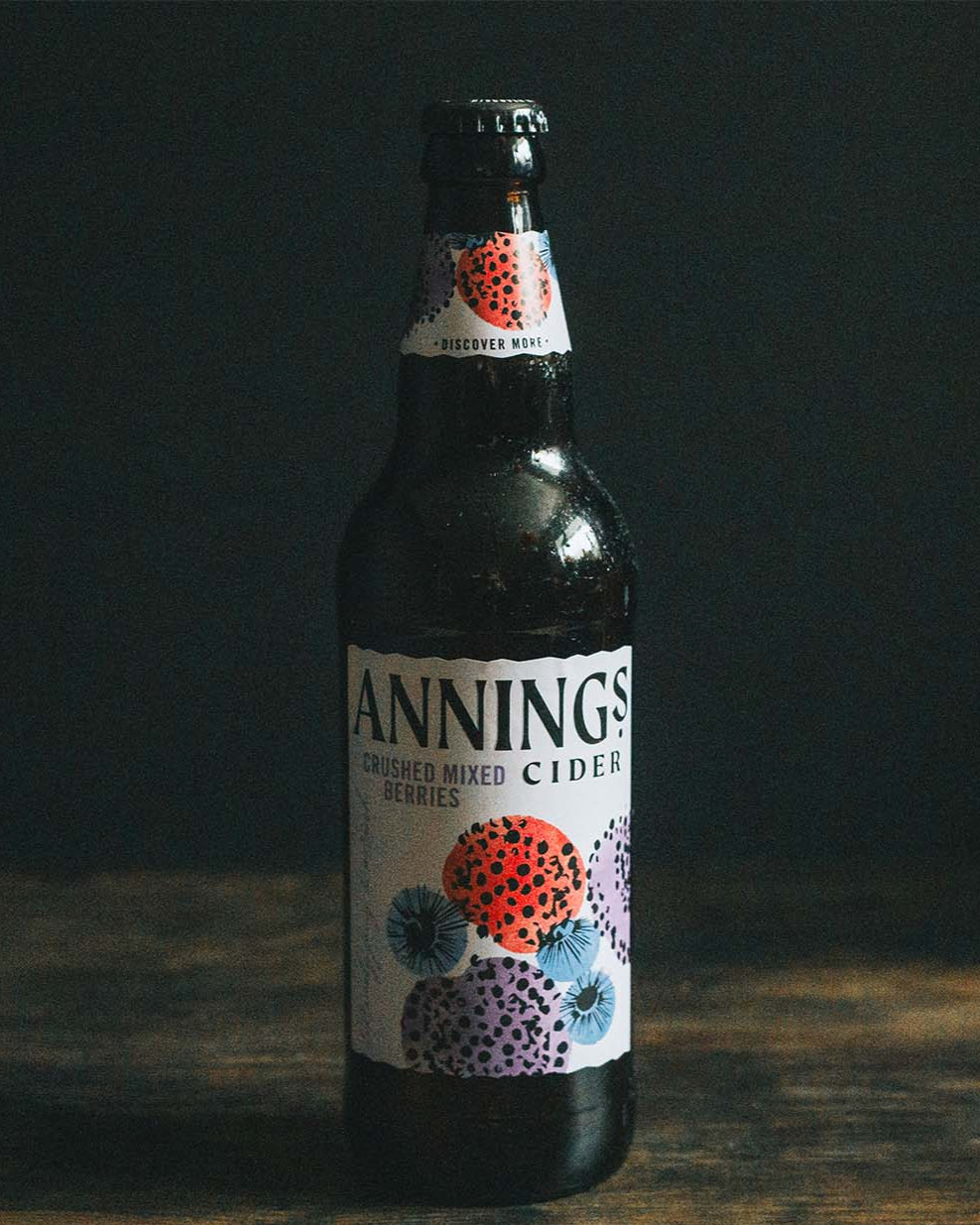 A 500ml bottle of Anning's Crushed Mixed Berries Cider.