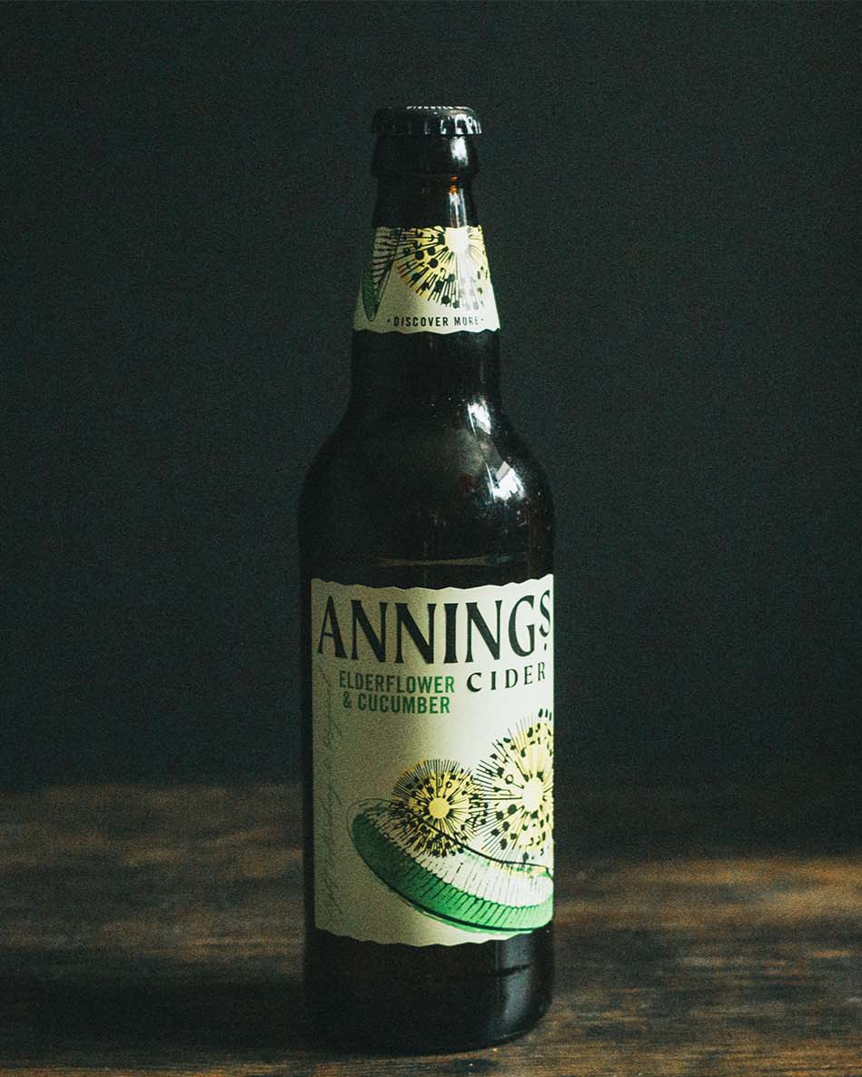 A 500ml bottle of Anning's Elderflower & Cucumber Cider.