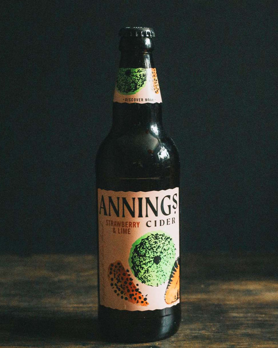 A 500ml bottle of Anning's Strawberry & Lyme Cider.