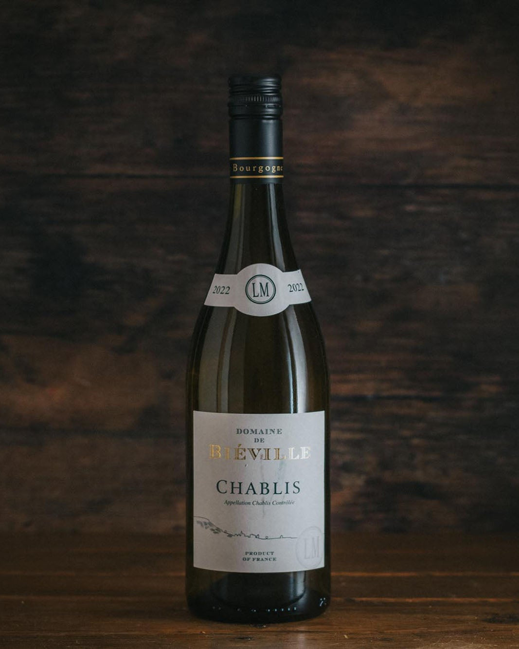 A bottle of Domaine Bieville Chablis.