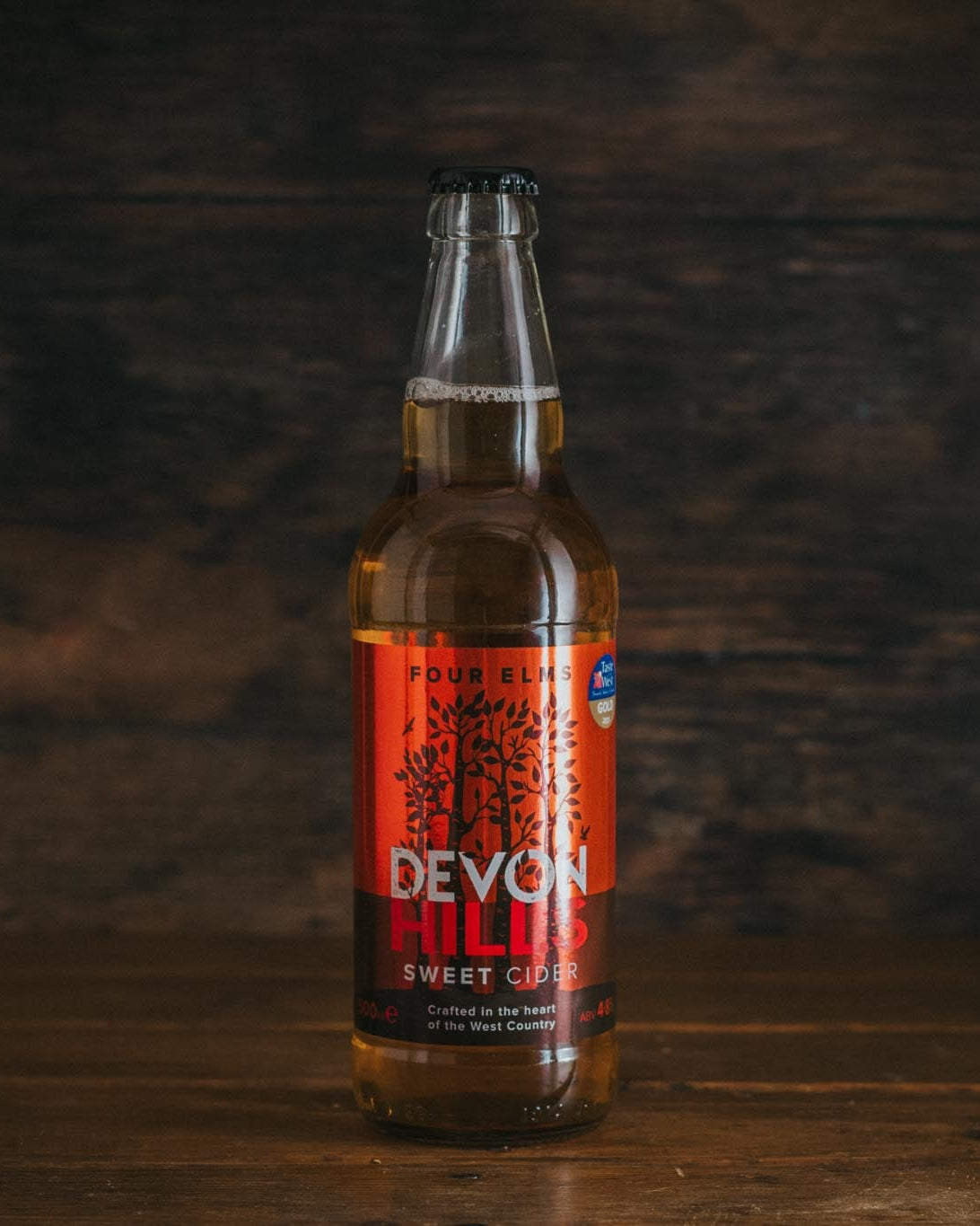 A 500ml bottle of Four Elms Devon Hills Sweet Cider.