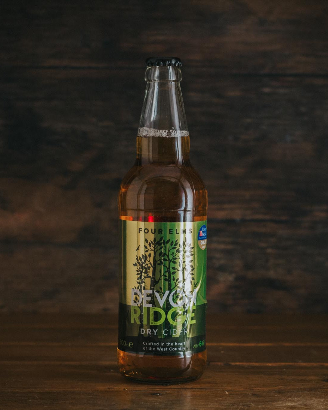 A 500ml bottle of Four Elms Devon Ridge Dry Cider.