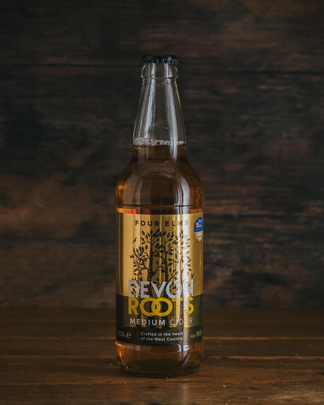 A 500ml bottle of Four Elms Devon Roots Medium Cider.