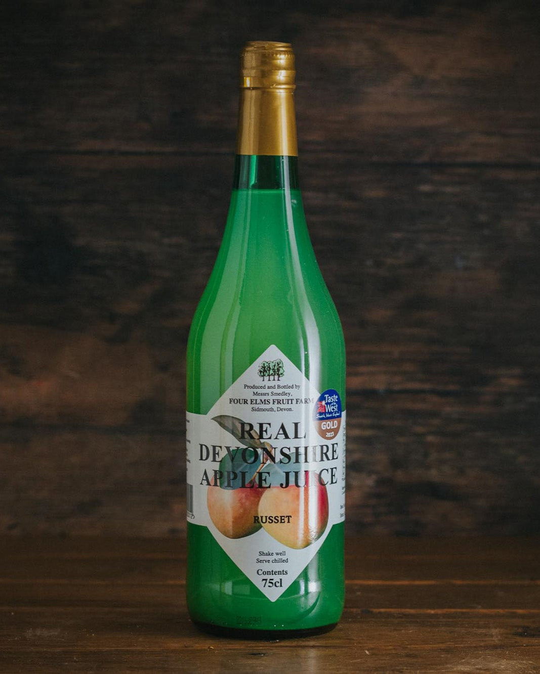 A bottle of Four Elms Devonshire Apple Juice Russet.