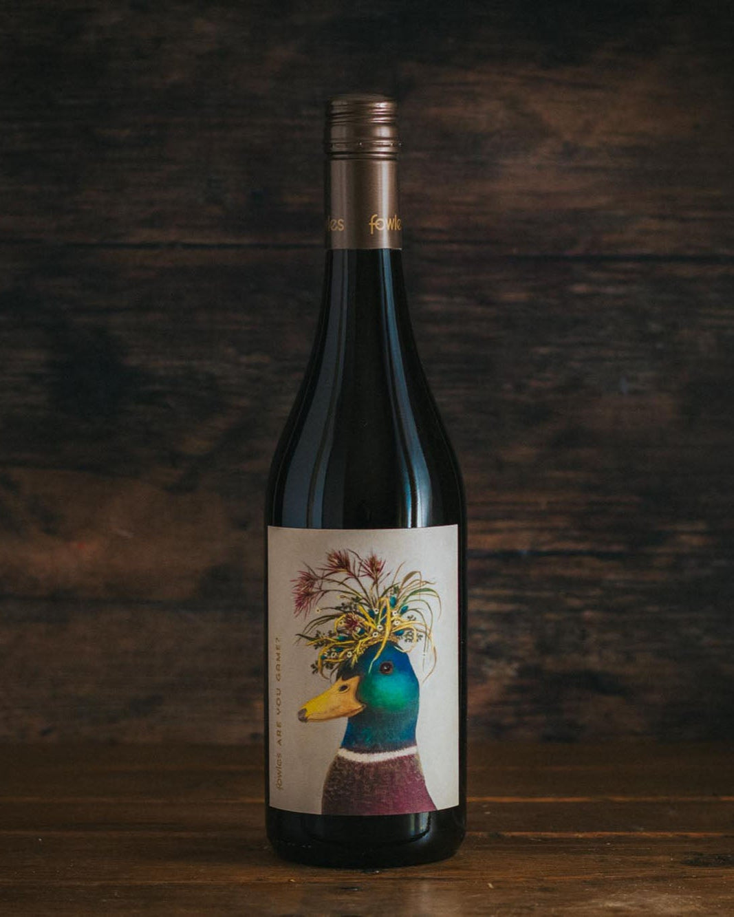 A bottle of Fowles Are You Game Pinot Noir.