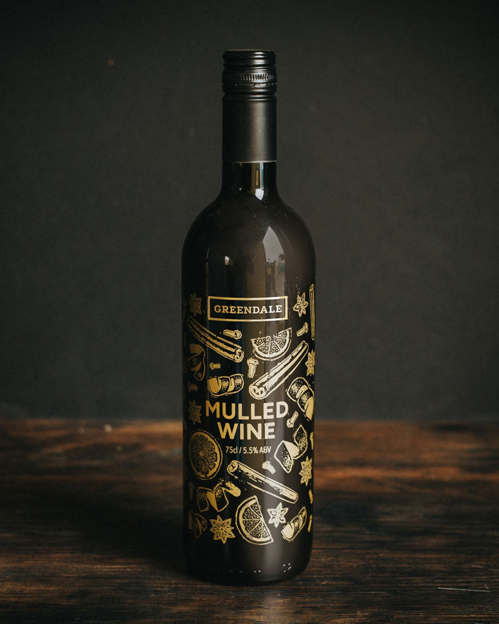 A bottle of Greendale Mulled Wine.