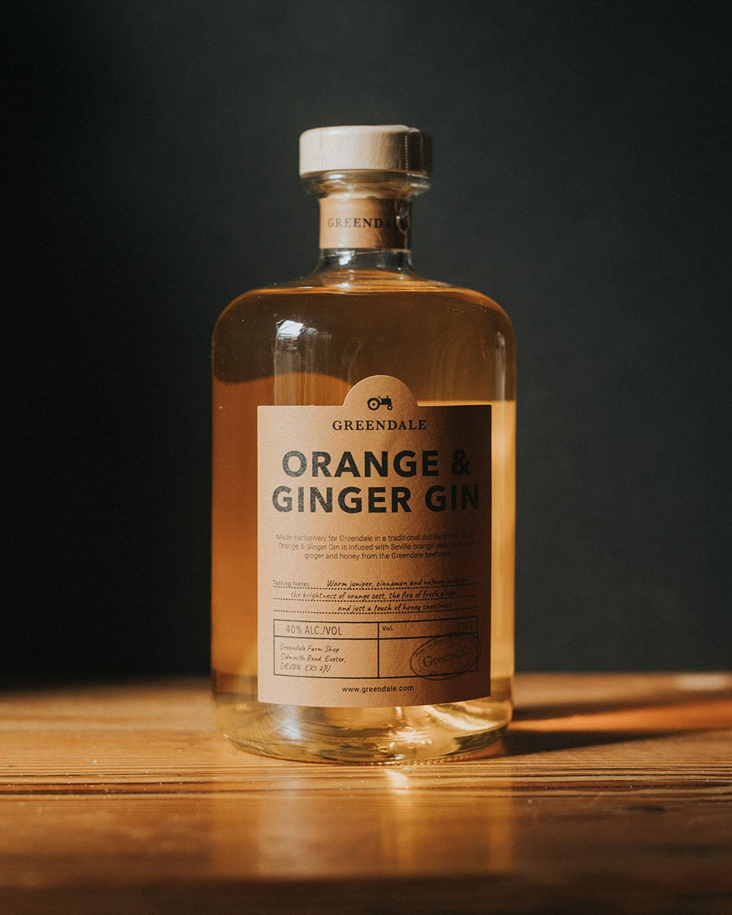 A bottle of Greendale Orange & Ginger Gin.