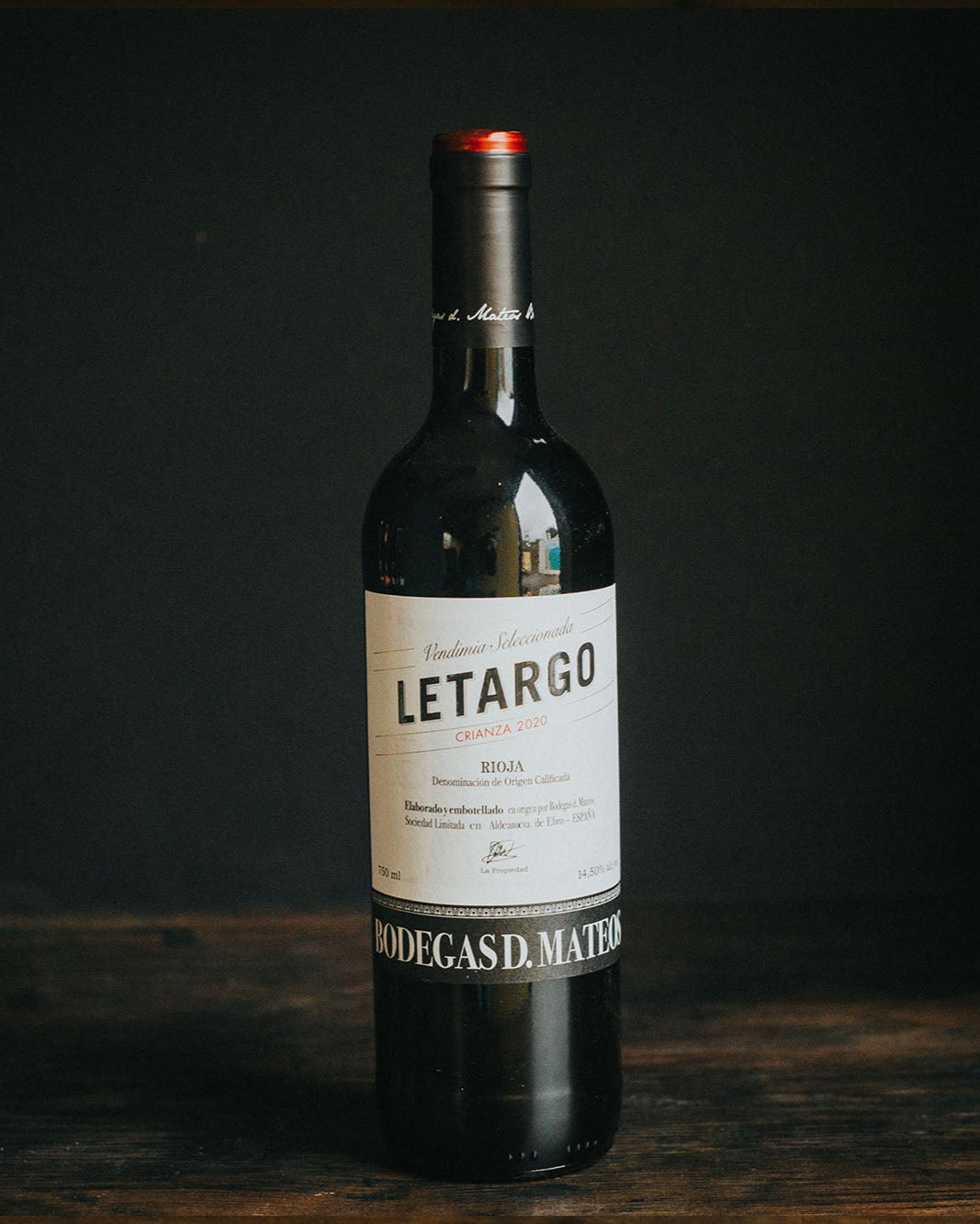 A bottle of Letargo Rioja Bodegas D. Mateos.
