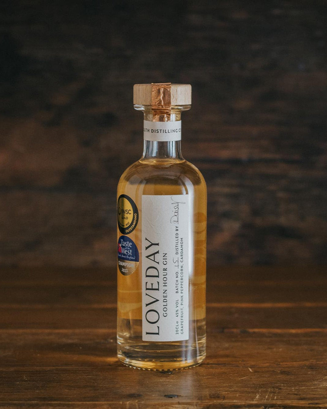 A bottle of Loveday's Golden Hour Gin.