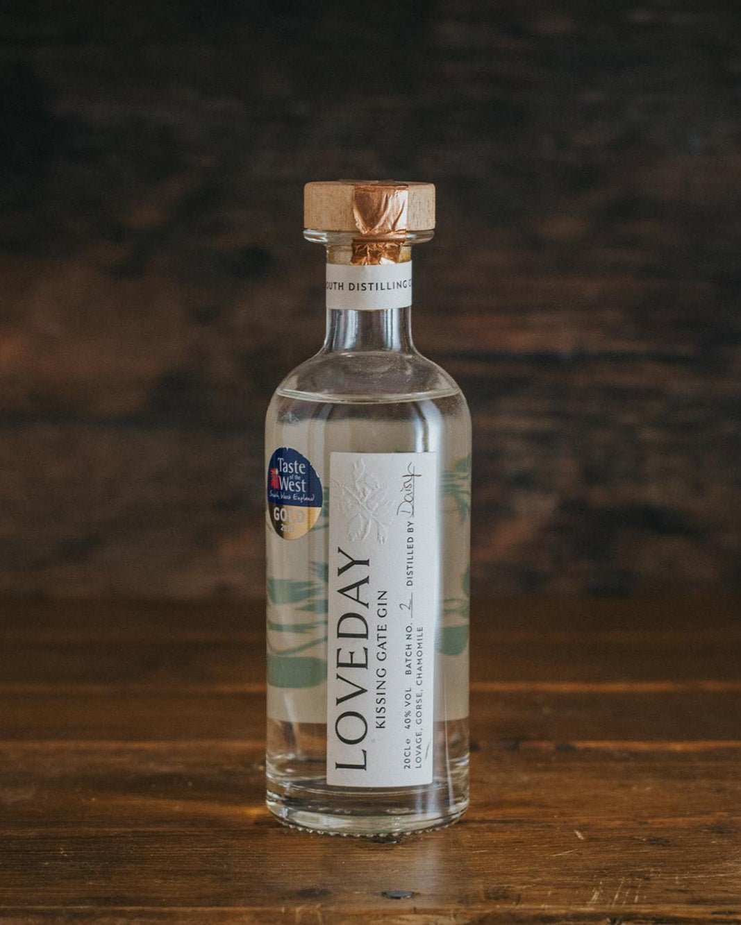 A bottle of Loveday's Kissing Gate Gin.
