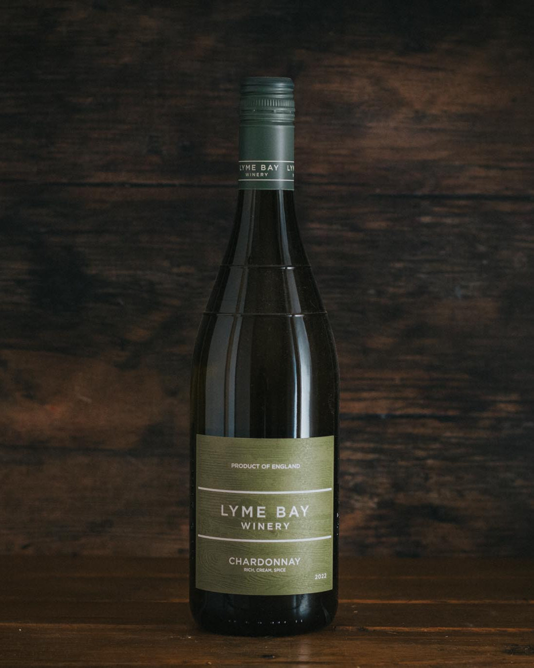 A bottle of Lyme Bay Chardonnay.
