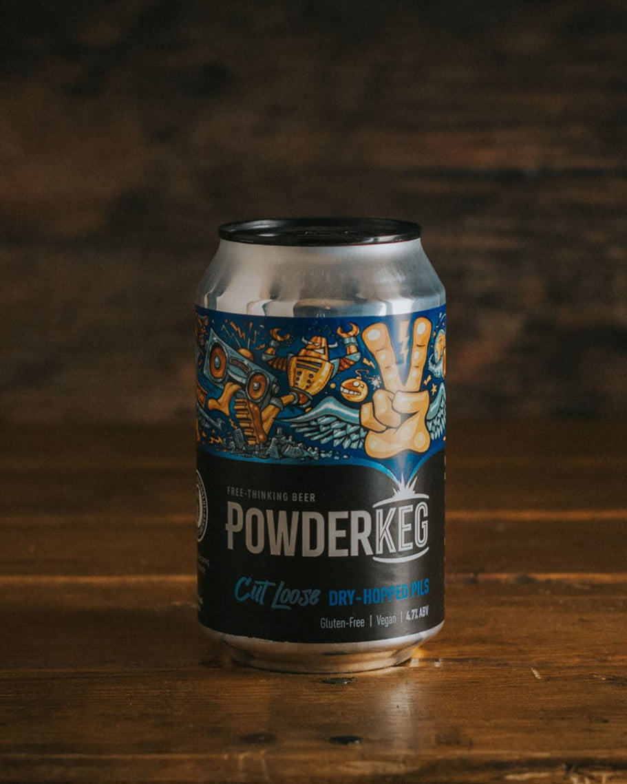 A 330ml can of Powderkeg Cut Loose (Gluten Free & Vegan).