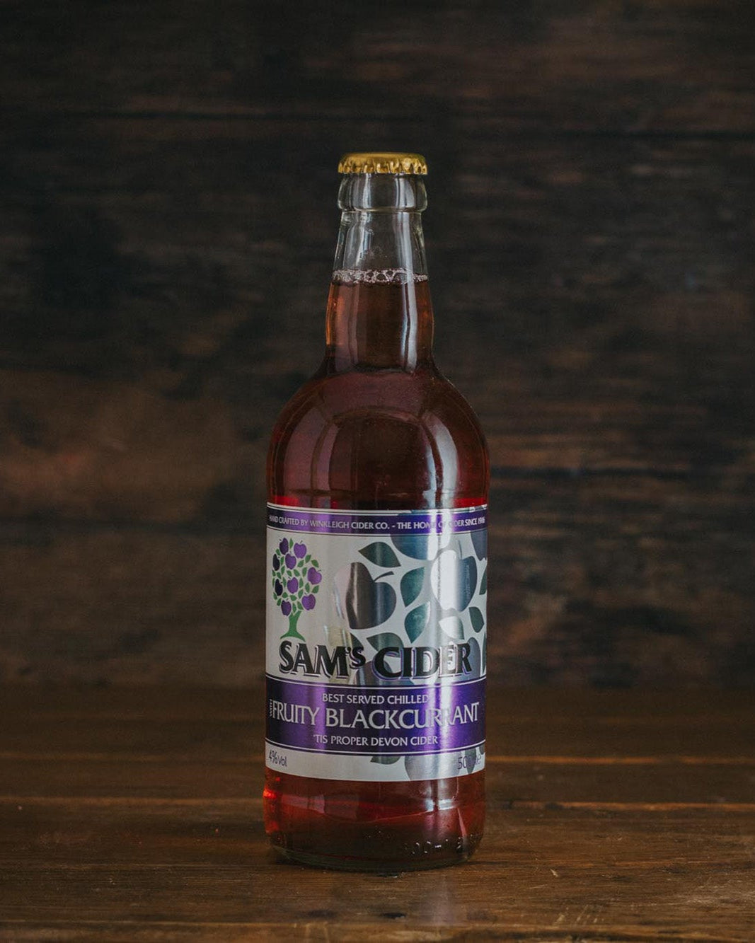 A 500ml bottle of Sam's Fruity Blackcurrant Cider.