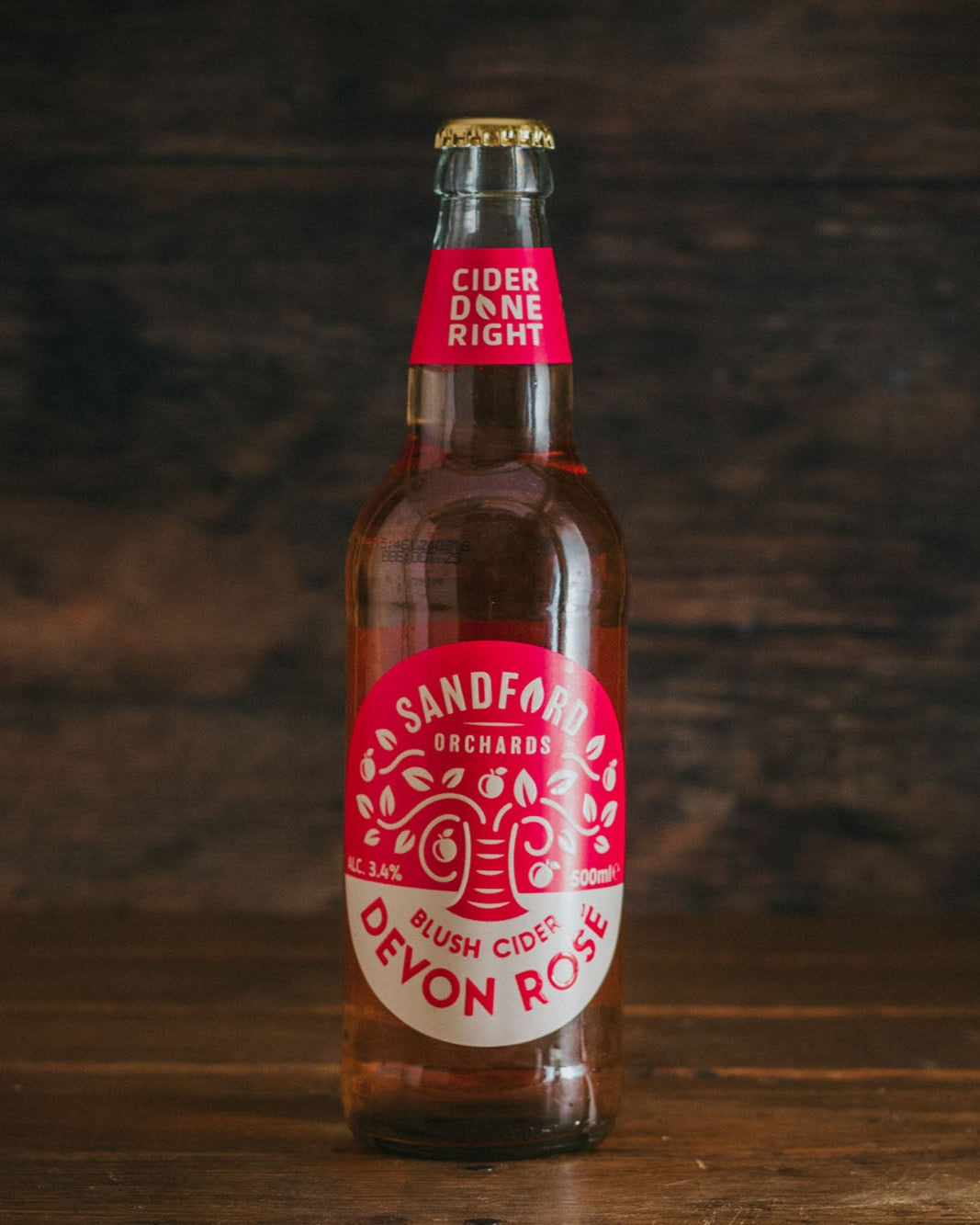 A 500ml bottle of Sandford Orchards Devon Rosé Blush Cider.