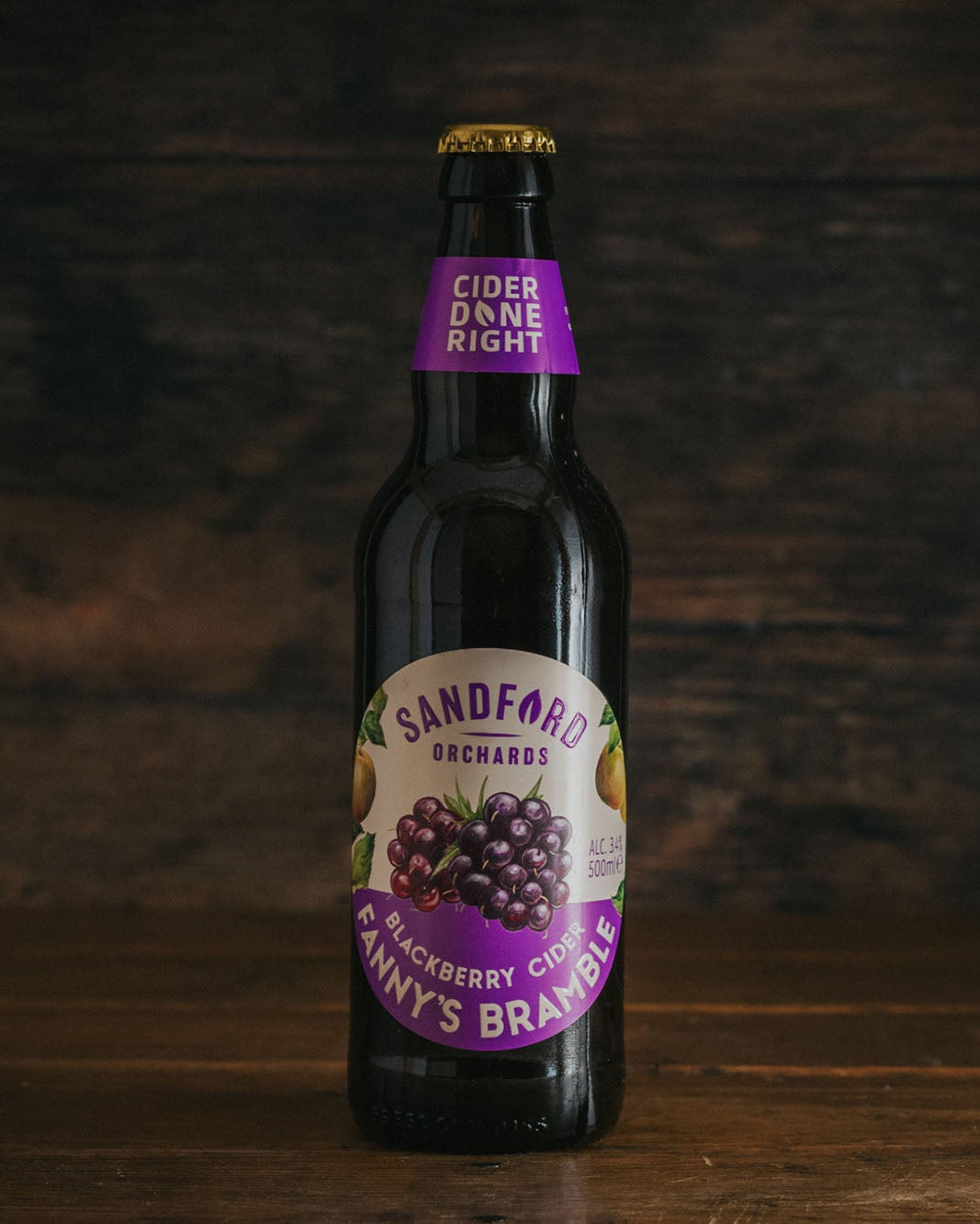 A bottle of Sandford Orchards Fanny's Bramble Blackberry Cider.