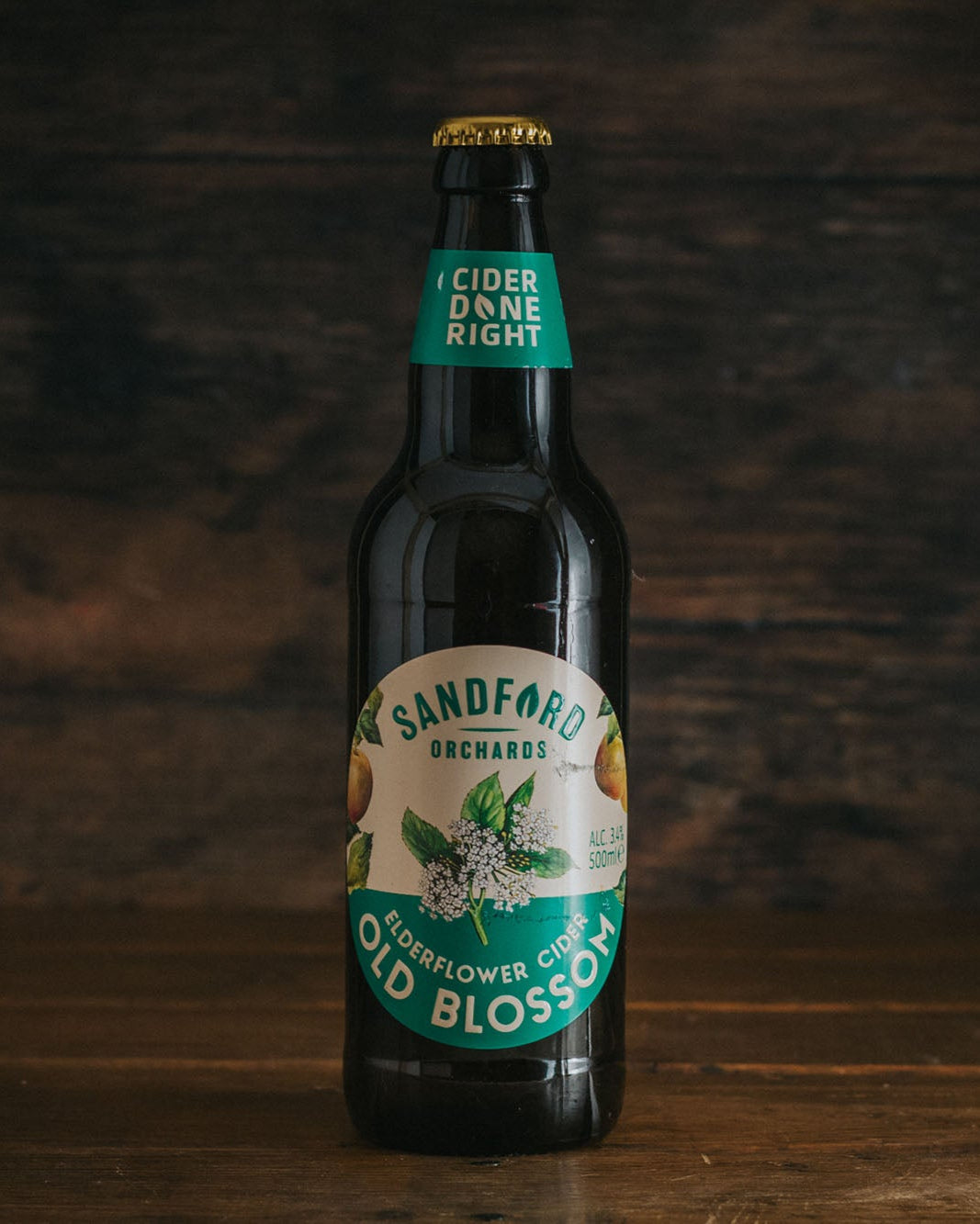 A bottle of Sandford Orchards Old Blossom Elderflower Cider.