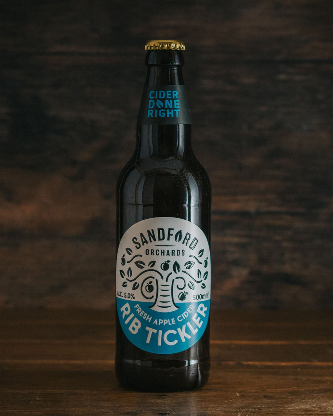 A 500ml bottle of Rib Tickler Cider.