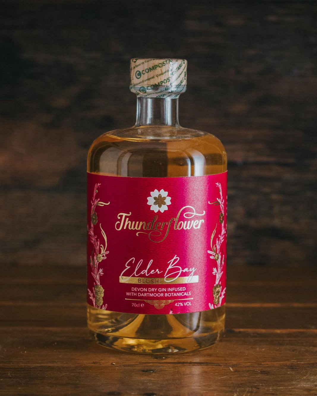 A 70cl bottle of Thunderflower Elder Bay Blush Gin.