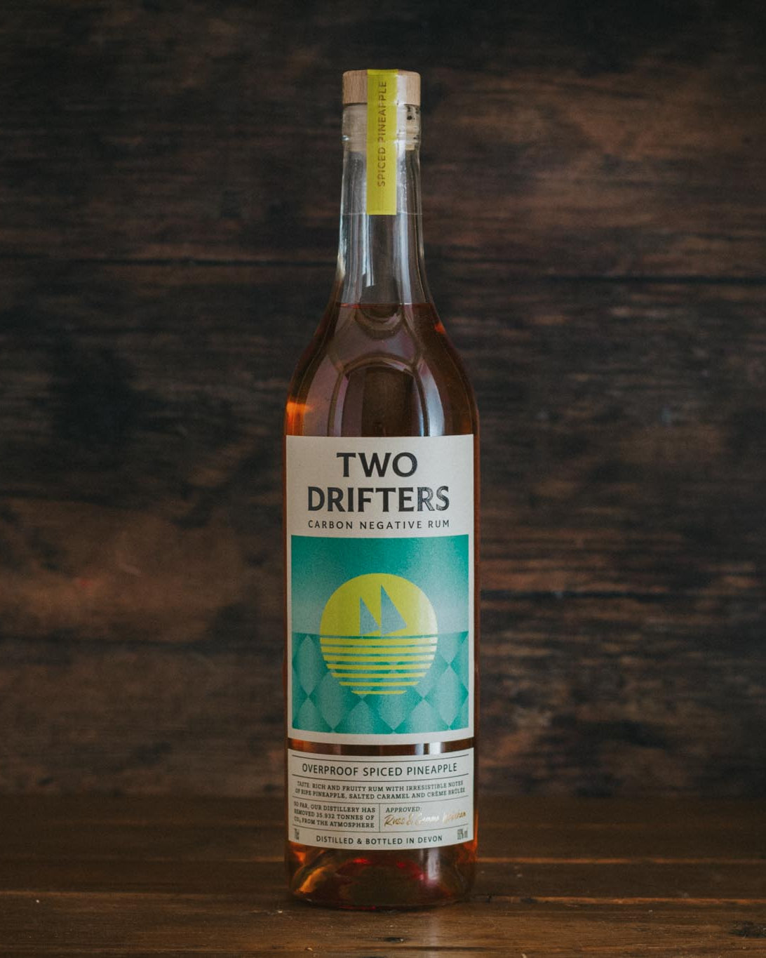 A 70cl bottle of Two Drifters Overproof Pineapple Rum.