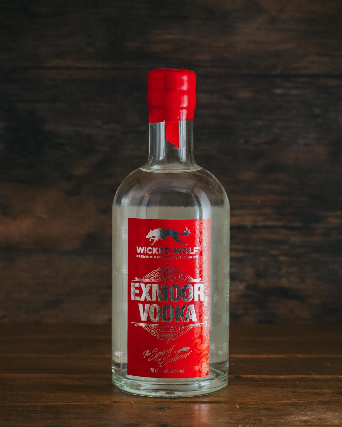 A 70cl bottle of Wicked Wolf Exmoor Lemon Vodka.